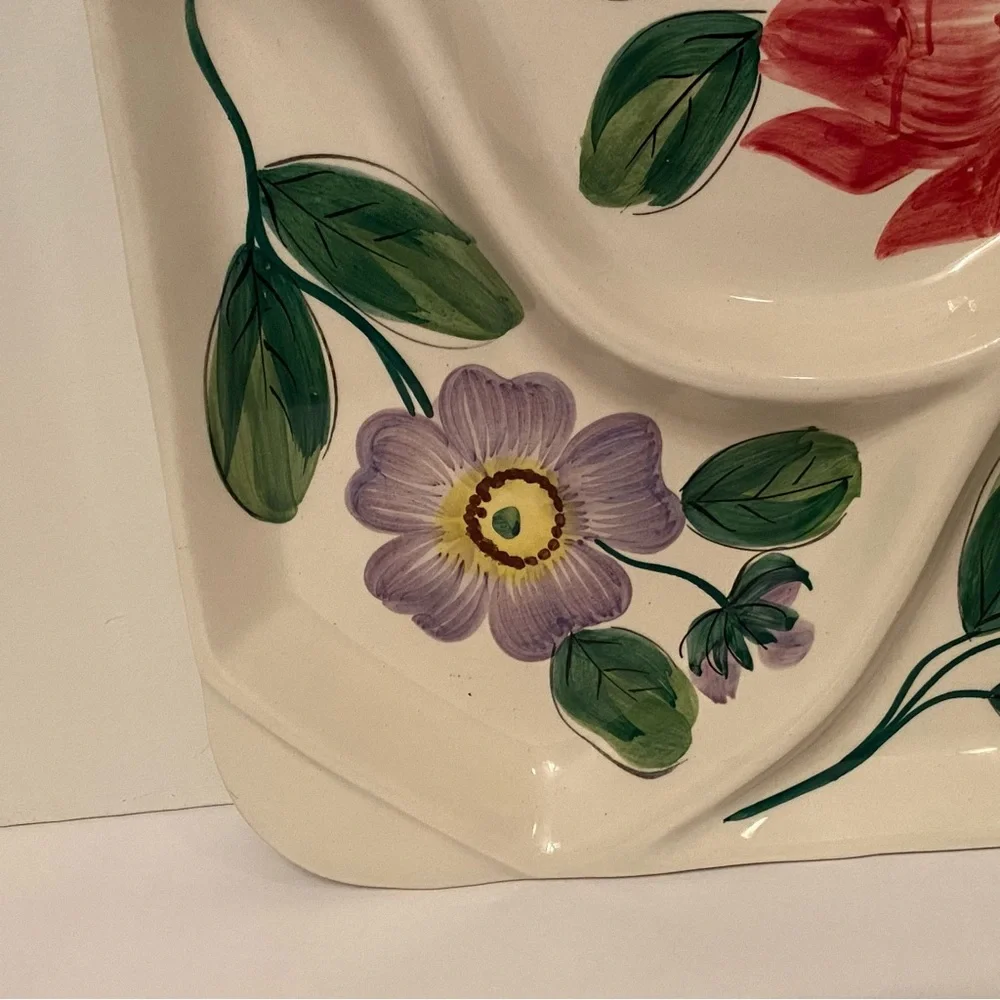 ITALY TRAY PARTY PLATTER VINTAGE HAND PAINTED CERAMIC WHITE FLORAL RECTANGLE